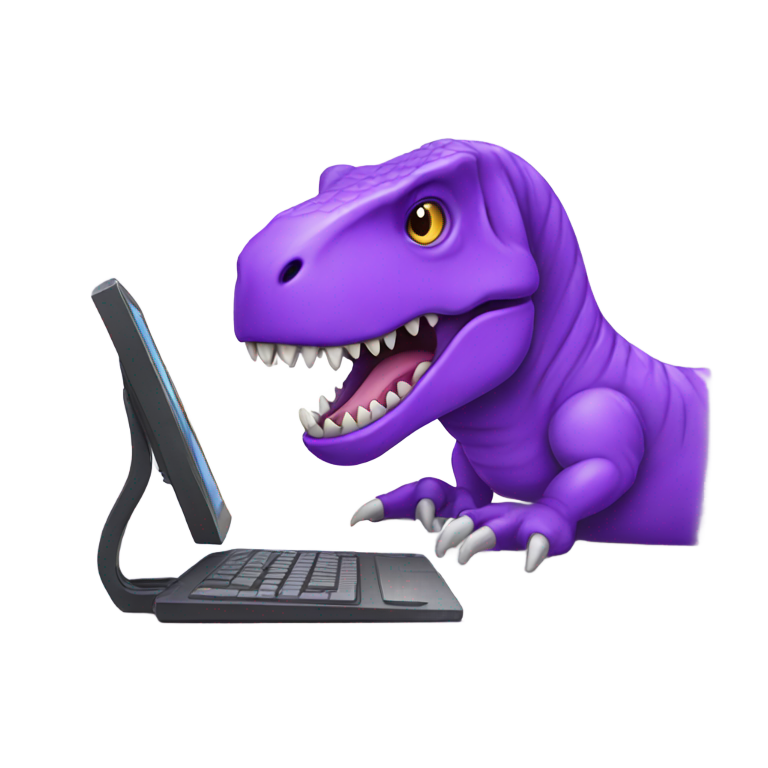絵文字：パープルのティラノサウルスがコンピューターを使っている