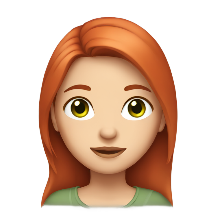 genmoji：绿灰色眼睛，长红色头发，中间分开的可爱女人。