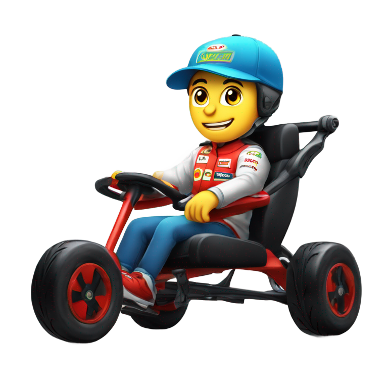 genmoji: Chico en silla de ruedas de carreras con ruedas de formula 1 y con una gorra con 3 leds rojos
