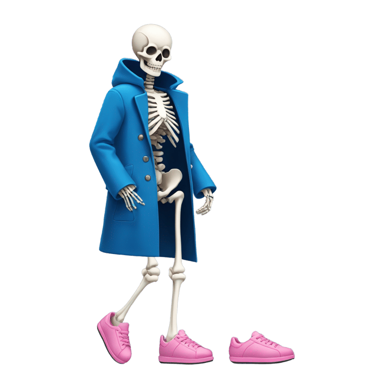 genmoji: a skeleton wearing pink slippers and black shorts and a blue coat
