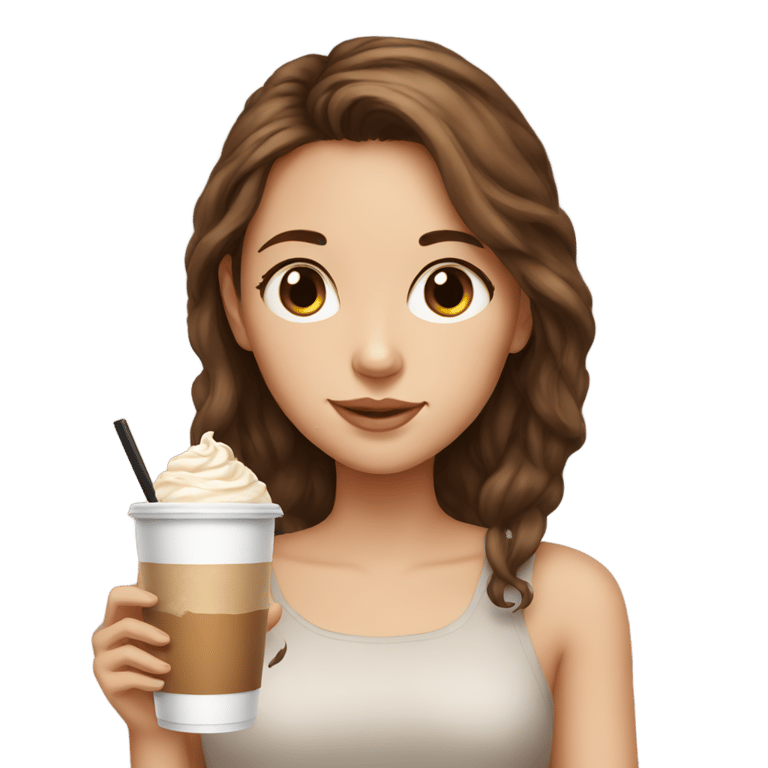 絵文字：茶髪の女の子がアイスラテと勉強する