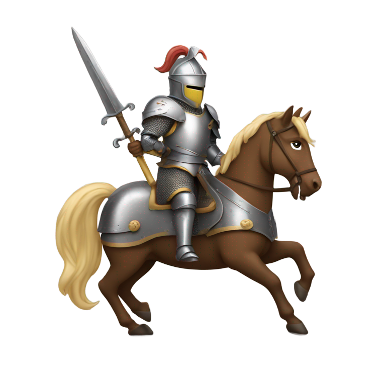 genmoji : Un chevalier sur un cheval brandissant une lance de la main droite et tenant un bouclier de la main gauche.