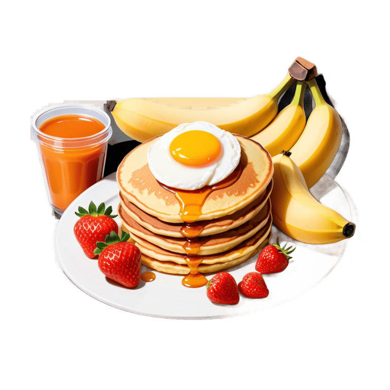 絵文字：Some pancakes, eggs, with some fruits on the side (strawberries and bananas precisely),and milk accompanied by bread with peach jam 😁
