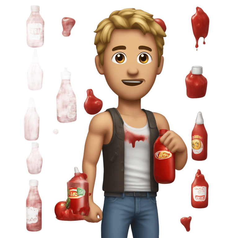 genmoji : a man with a bloody tank top holding a ketchup bottle