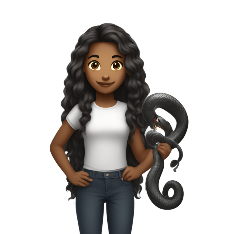 genmoji : Une fille métisse de 13 ans aux cheveux bruns foncés et bouclés jusqu'au dos, tenant un serpent cobra royal.