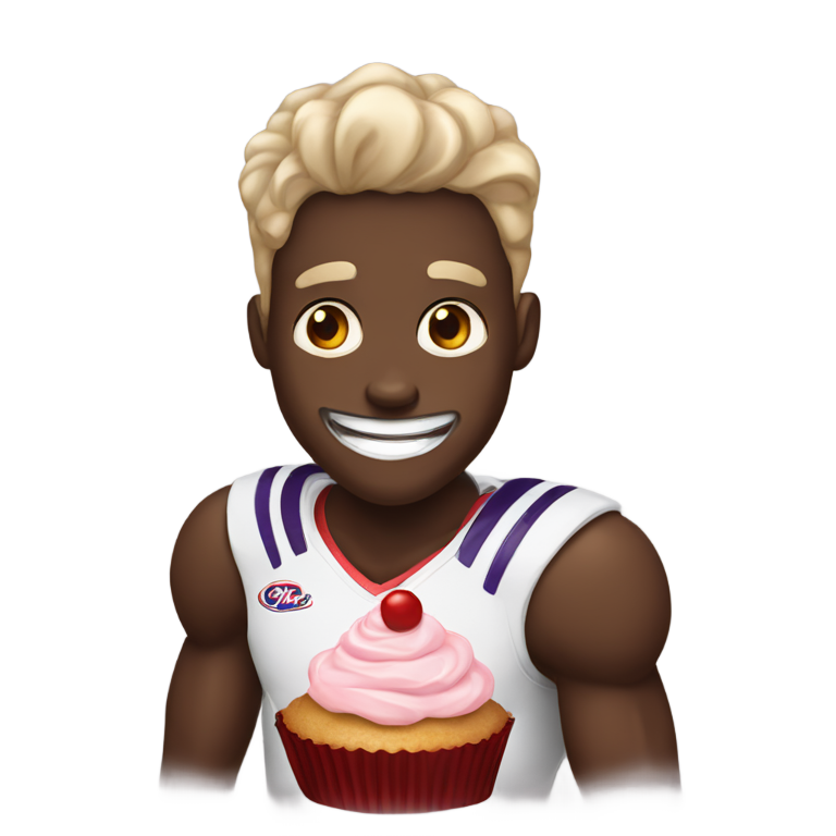 genmoji : Un homme noir pesant environ 1 000 000 livres, portant un maillot de football, tenant un cupcake avec un sourire maléfique.