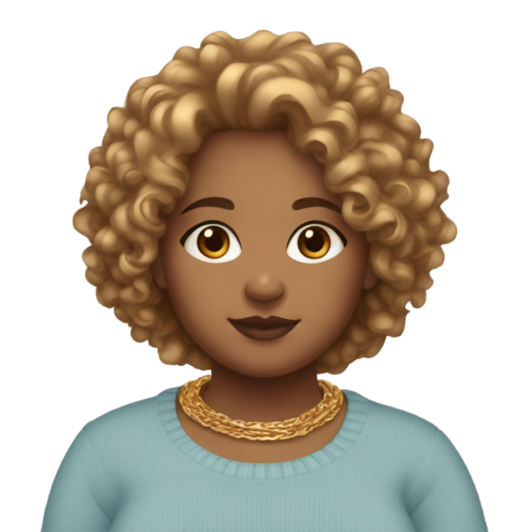 genmoji : Fille métisse aux yeux bleus, cheveux bouclés châtain clair, bijoux en or, pull bleu clair.