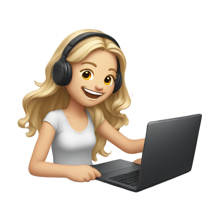 genmoji : Fille blanche aux cheveux longs châtains-blonds riant devant un ordinateur, portant des écouteurs et tenant une baguette magique dans une main.