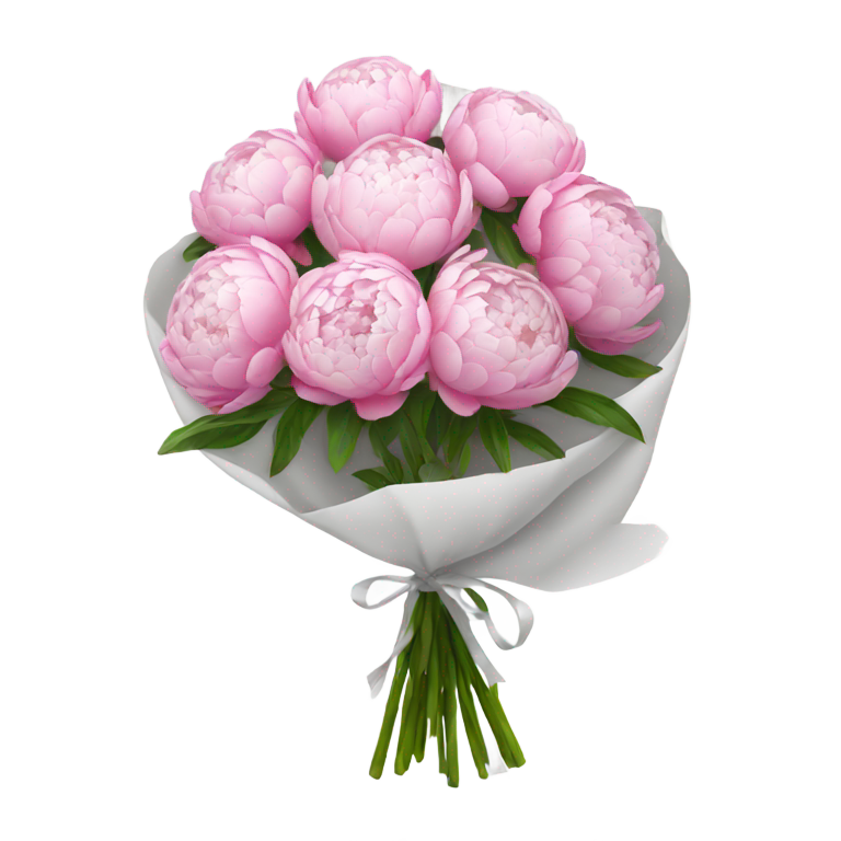 genmoji : Bouquet de pivoines roses dans un emballage blanc