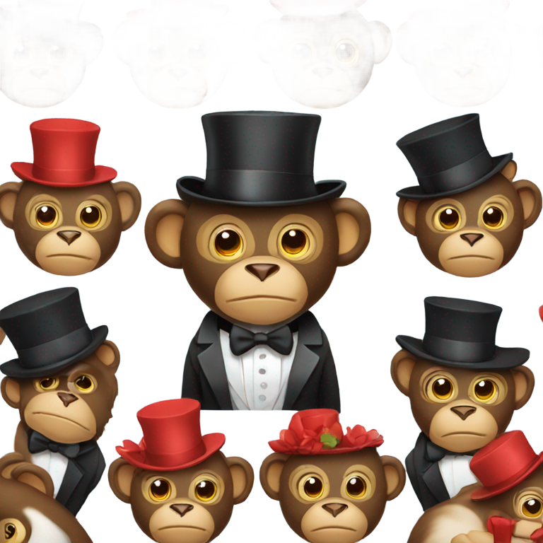 genmoji : Un singe brun portant un smoking et un chapeau à pois rouges avec un pingouin debout sur le chapeau.