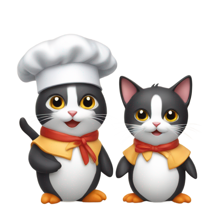 genmoji : Chatons et pingouins cuisinant avec de petits chapeaux de chef
