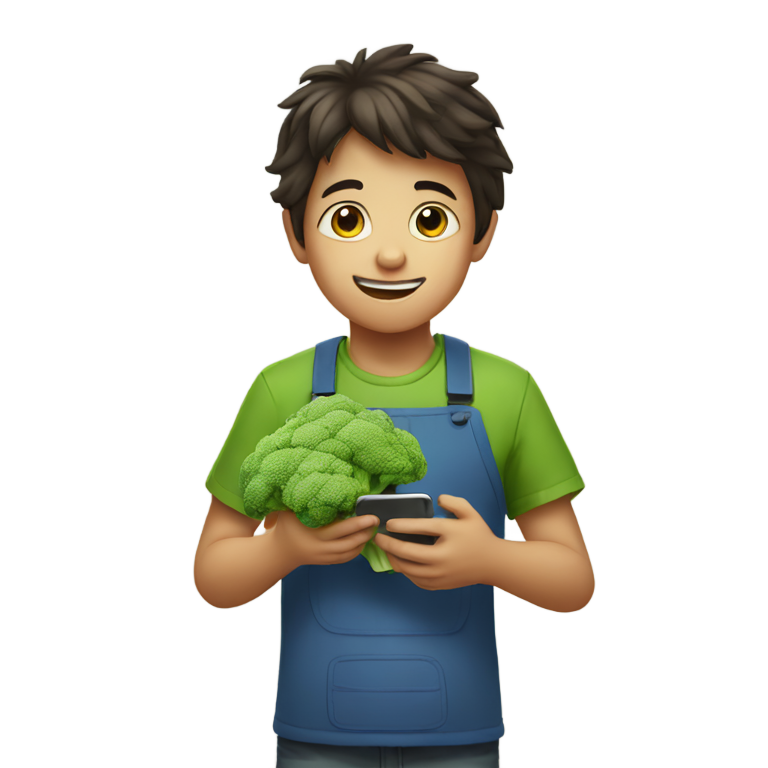 genmoji : Un garçon mange du brocoli et utilise un iPhone.