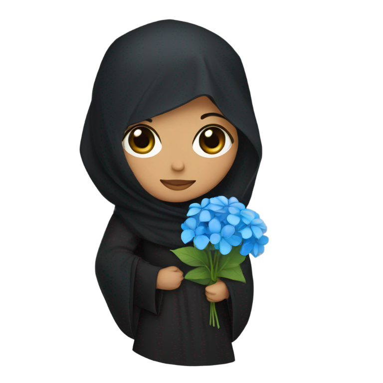 絵文字：黒いニカブとアバヤを着た女性が青いアジサイの花を持っている