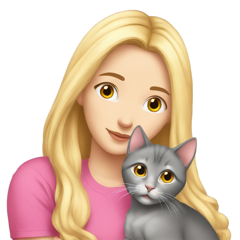 genmoji : beautiful white girl with long amazing blonde hair rich pink t-shirt hugging her grey cat