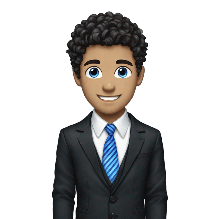 genmoji：英国白人黑发的少年，白色衬衫，黑色西装，蓝条纹领带，直发，蓬松卷发，侧分发，微笑，蓝眼睛，瘦脸