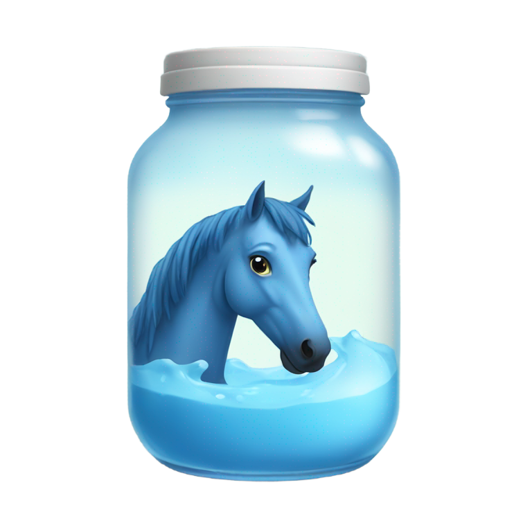 genmoji : Cheval bleu dans un bocal avec du lait