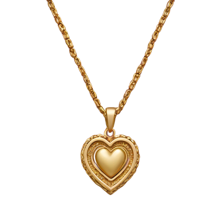 絵文字：A full Goldfield necklace with a heart-shaped charm in the center, fully visible within the frame. The necklace is positioned in a front-facing view. The charm hangs slightly downward, centered in the composition.
