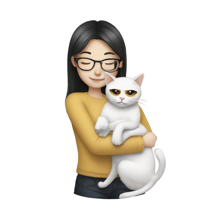 genmoji : Fille pâle avec des lunettes dorées câlinant un chat