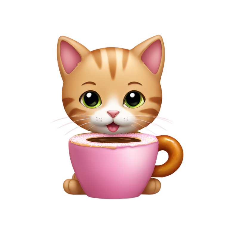 genmoji: cute baby kitten drinking coffee and eating a donut