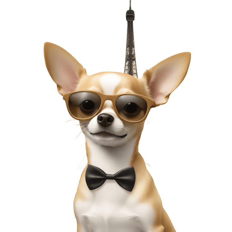 genmoji：一只戴着太阳镜的长毛细犬站在埃菲尔铁塔旁边