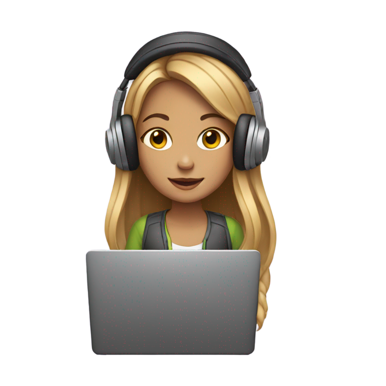絵文字：長髪の女の子がラップトップで作業しながらヘッドホンを着用しています。