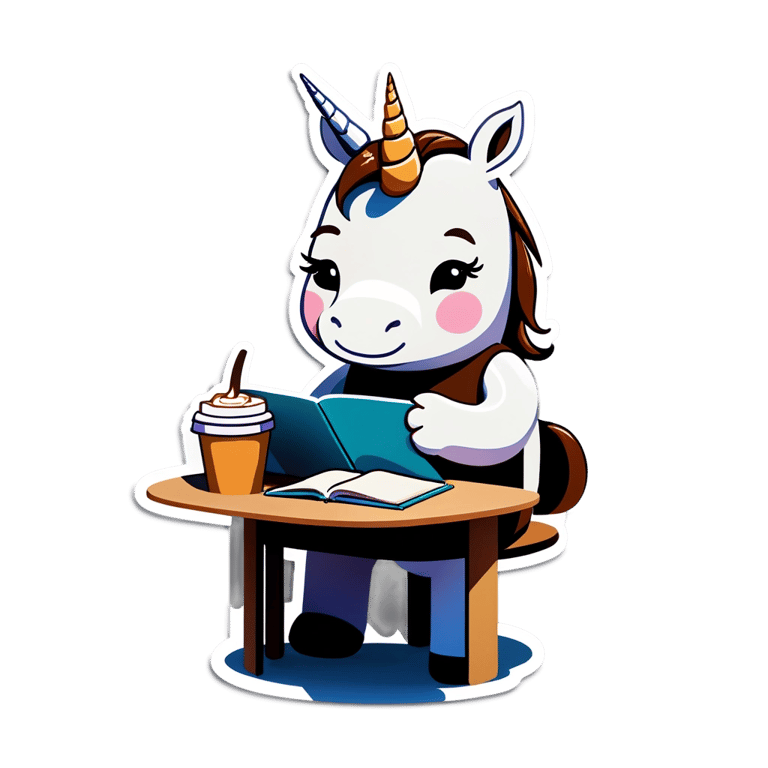 絵文字：2歳のダンボールユニコーンがコーヒーで勉強中