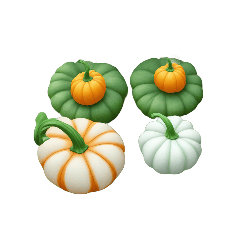genmoji：一只橙色南瓜，一只白色南瓜，一只绿色南瓜。种在花园里。