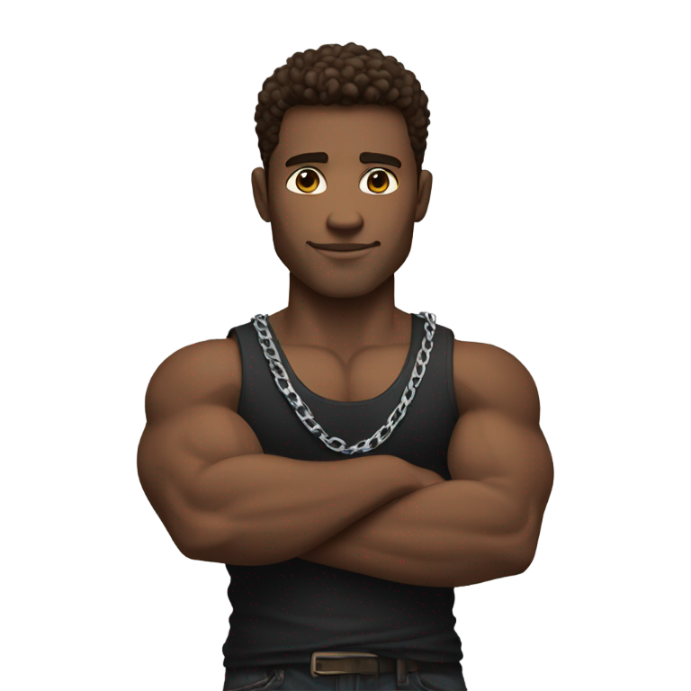 genmoji：强壮的白人男性，棕色头发，黑色背心，银链，交叉双臂