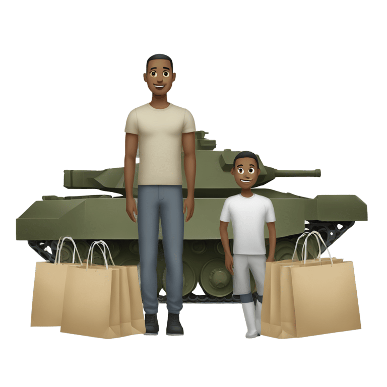 genmoji：man holding two white shopping bags standing in front of a military tank