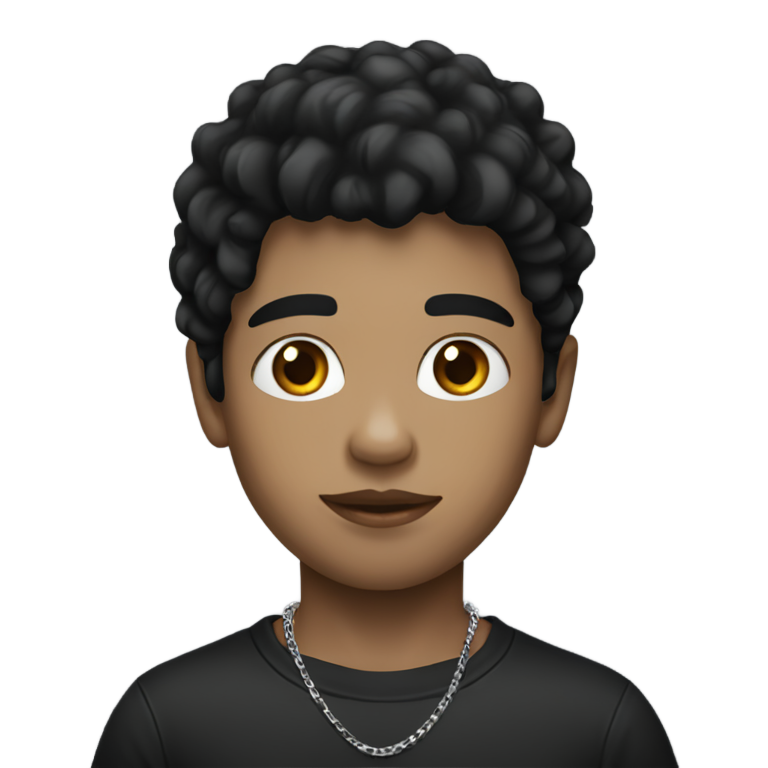 genmoji：Black hair boy with white skin and a black t shirt with a silver chain
