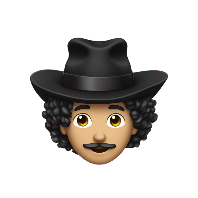 genmoji: man with a black hat, no beard, and a long black lock of curly hair next to each ear. he has a large hooked nose