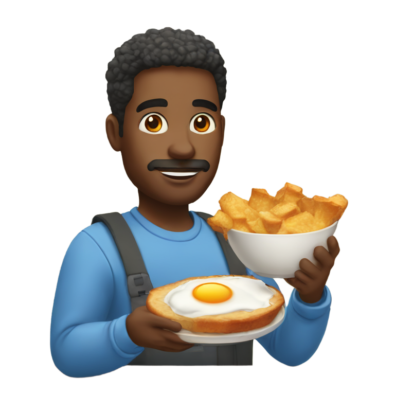 genmoji : Homme afro-américain tenant de la nourriture pour le petit déjeuner avec un point d'interrogation au-dessus de sa tête