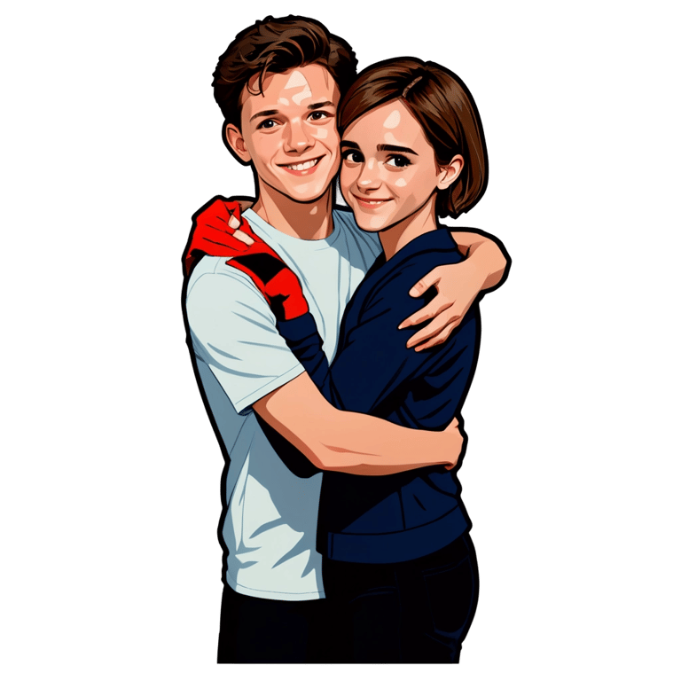 genmoji : Tom Holland avec une coupe courte embrasse Emma Watson.