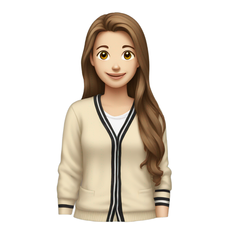 genmoji : Cheveux longs bruns heureux, cardigan beige coûteux, t-shirt rayé blanc/noir, écouteurs blancs, iPhone jaune