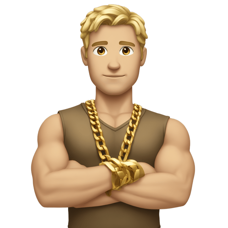 genmoji：强壮的白人男性，金色衬衫，多条金链，金色腕带，交叉双臂
