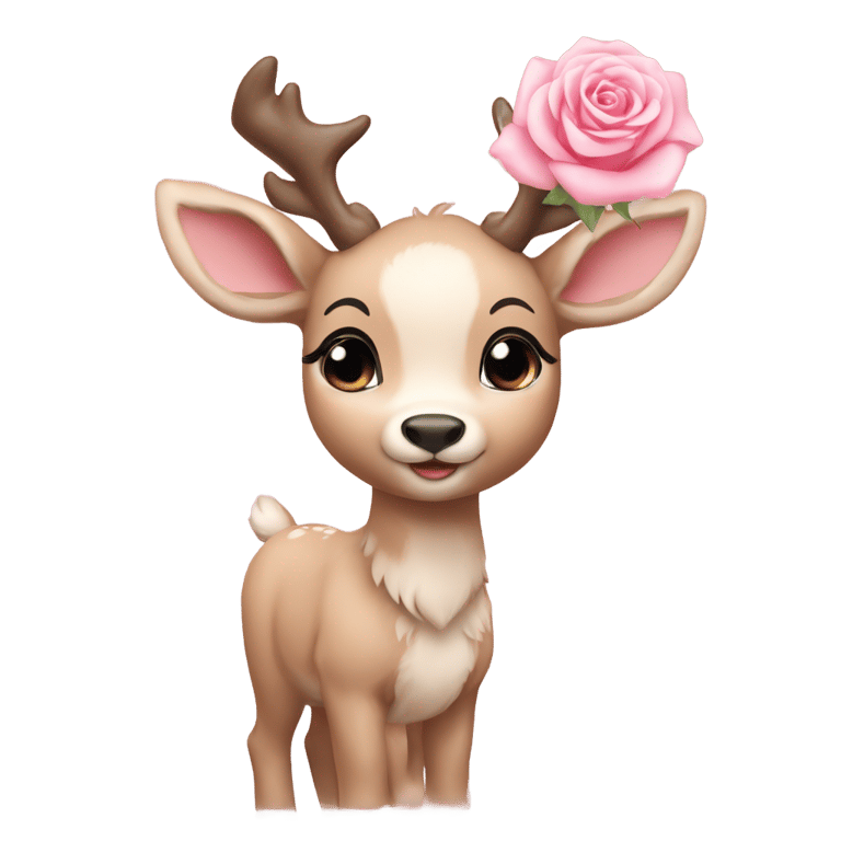 genmoji : Female reindeer cub with a light pink rose on her ear and no antlers