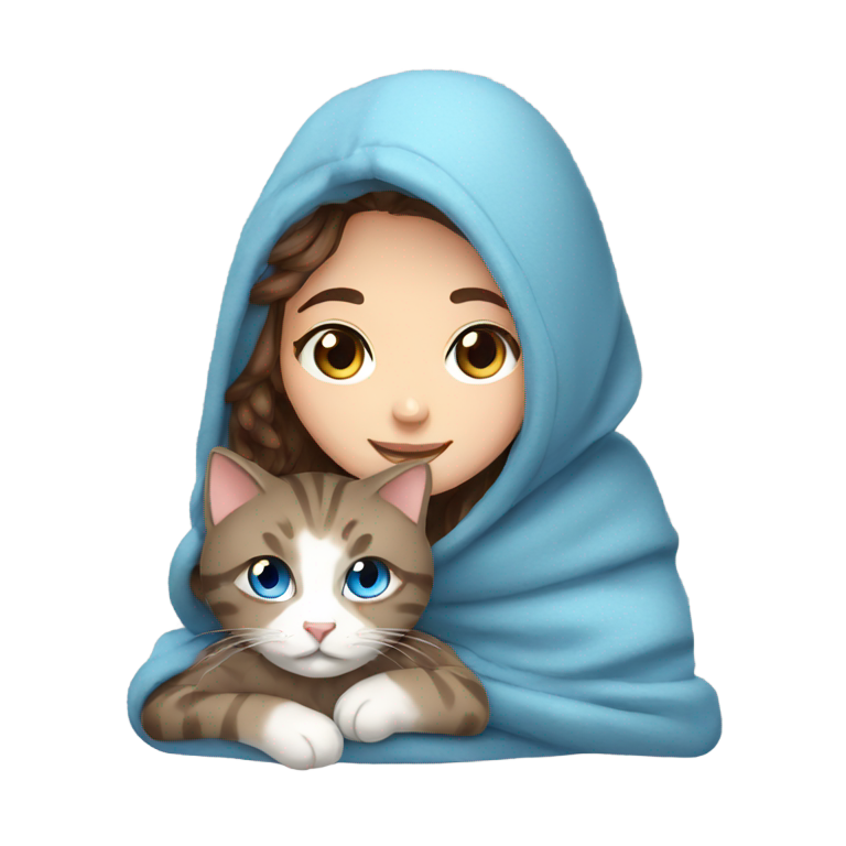 genmoji : Fille cozy aux cheveux bruns et yeux bleus avec un chat et une couverture