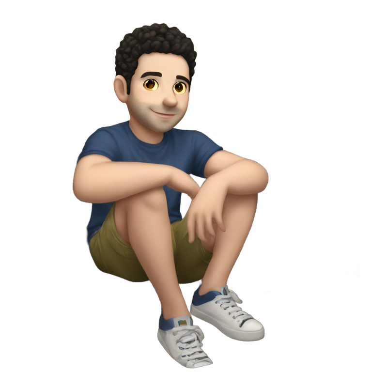 genmoji : Samm Levine en short, assis sur le canapé.
