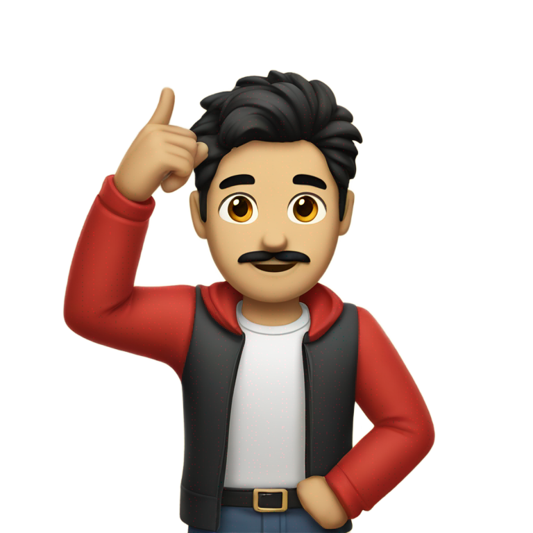 genmoji : Un homme à la peau blanche, aux cheveux noirs et à la petite moustache, pointant son bras droit vers le haut, vêtu de rouge.