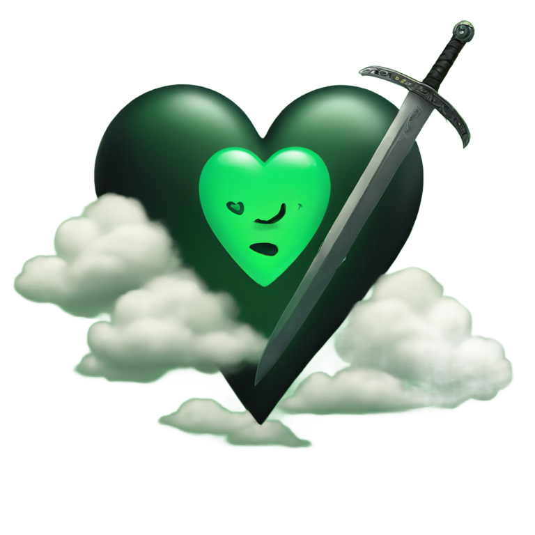genmoji : Cœur noir avec une épée dedans et des nuages verts en sortant.