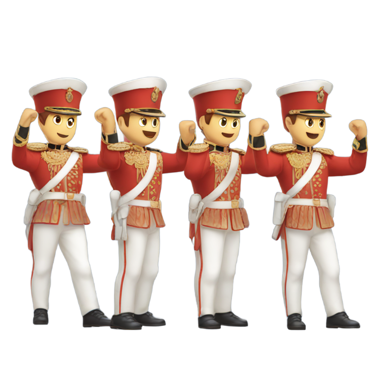 genmoji：3个相同的皇家卫兵高举右拳行进。