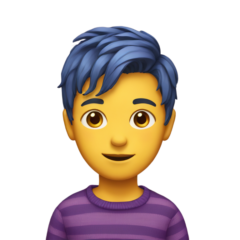 genmoji : Enfant jaune portant un pull bleu avec une rayure violette et des cheveux bruns