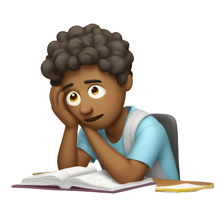 genmoji：tired student with tired eyes doing his studynigs before deadline