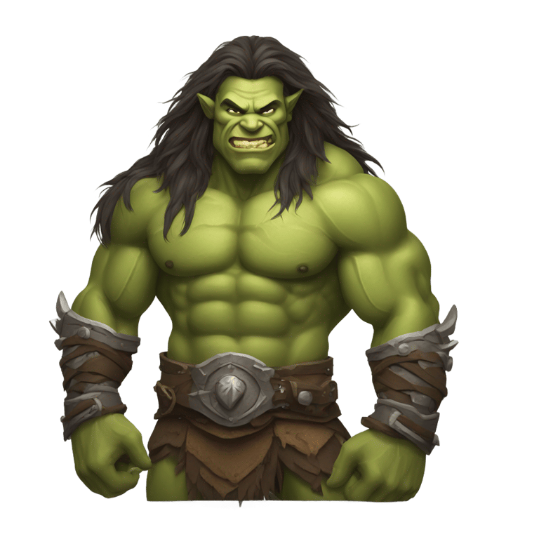 genmoji : Un guerrier orc musclé souriant, avec les cheveux longs et le ventre apparent