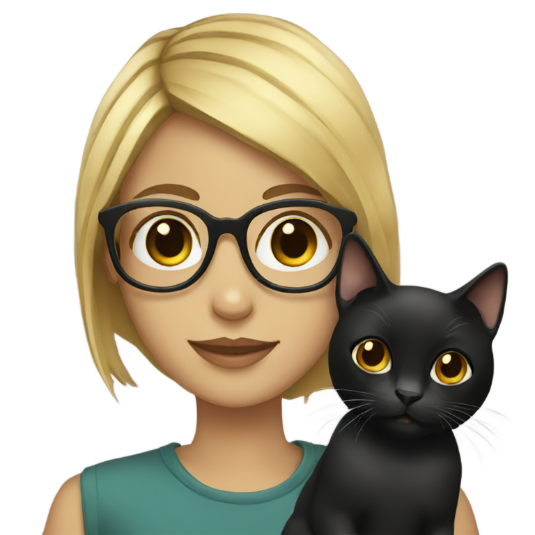 絵文字：金縁の細いメガネをかけた女の子が黒猫を抱いている