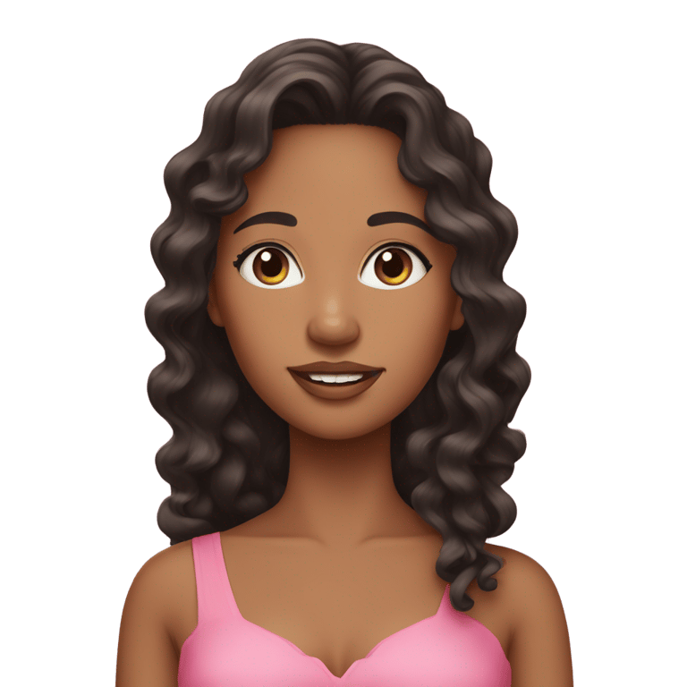 絵文字：medium-light brown skin girl with long curly black hair wearing pink dress