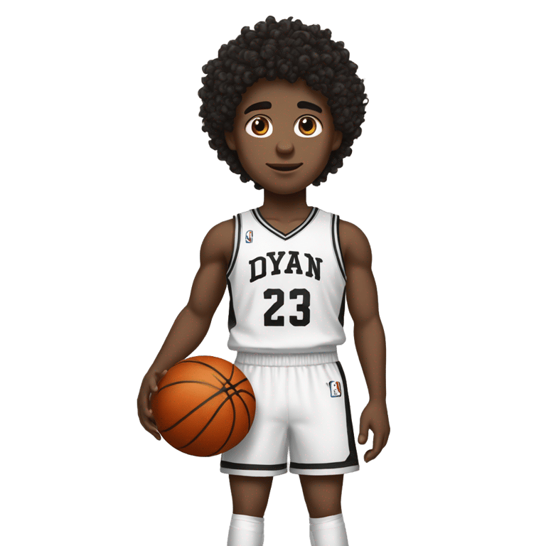 絵文字：White term boy with dark black, curly messy hair in a basketball jerdey