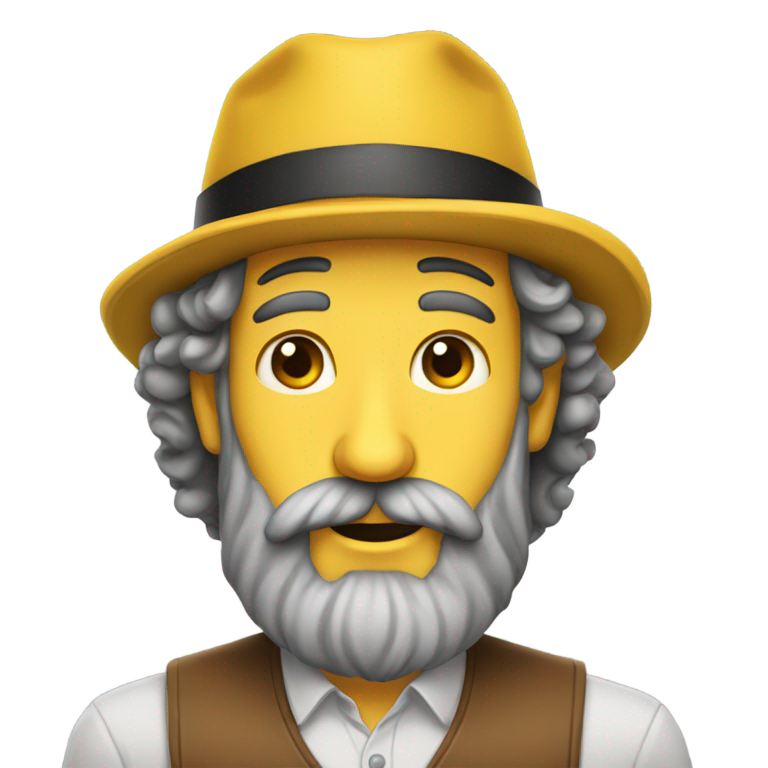 genmoji : Un homme juif avec un long nez crochu, emoji jaune, cheveux noirs bouclés, barbe grise et chapeau juif.