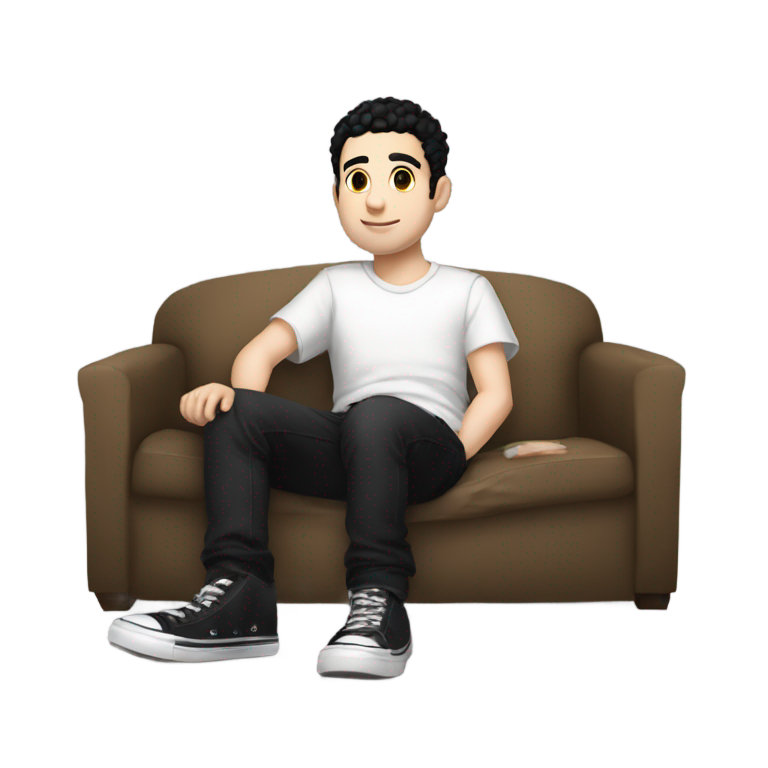 genmoji : Samm Levine portant une chemise blanche, des shorts et des chaussures noires, assis sur le canapé.