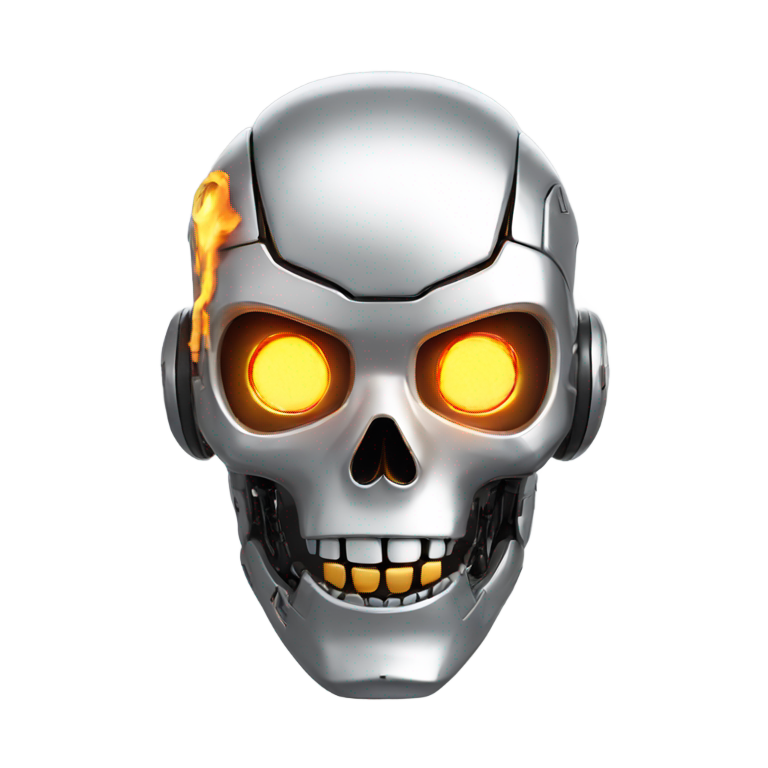 genmoji：机器人骷髅表情，火焰眼睛，银色面孔，未来感3D。